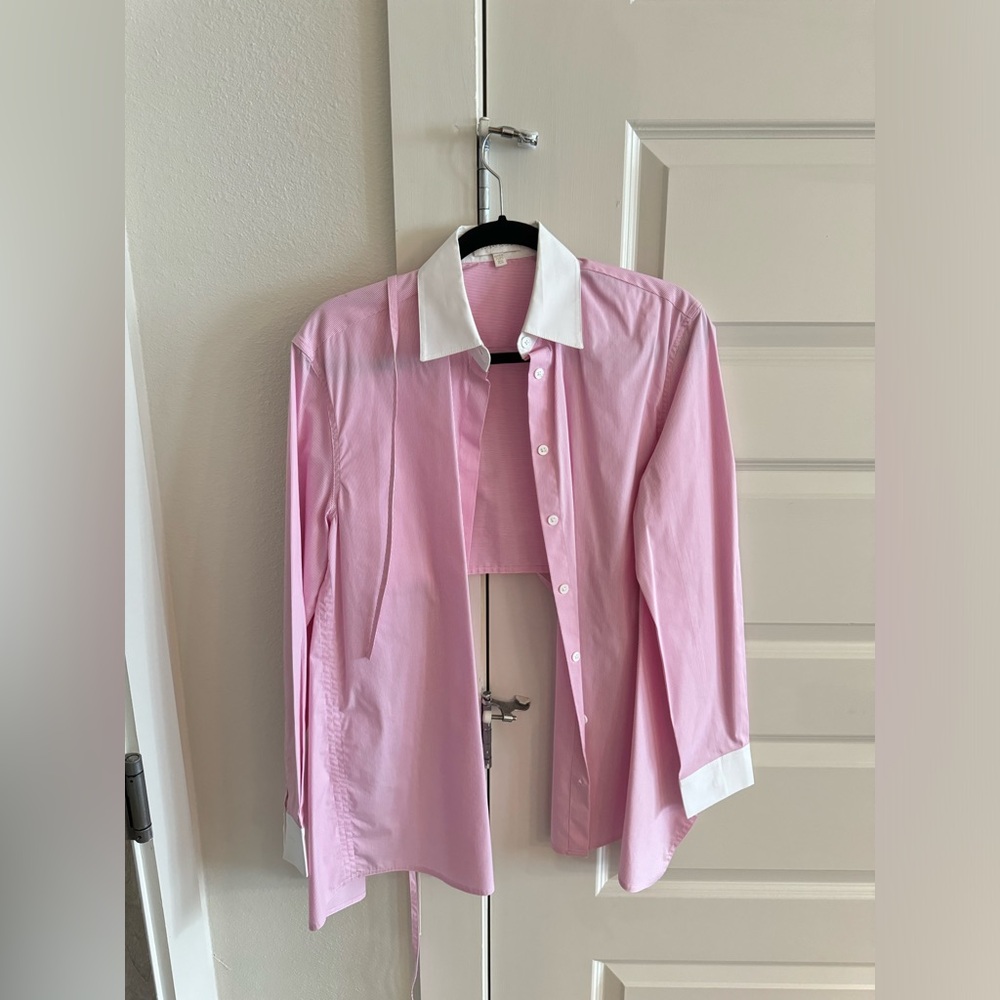 Ronny Kobo Pink Pinstripe Open Back Blouse